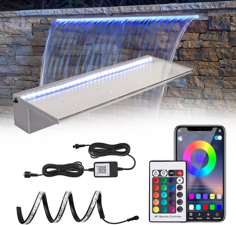 PONDO 24'' APP Control Waterfall Spillway with RGB LED Lights, Acrylic Pond Fountain Set for Outdoor Decorations, Patio Pool Kit on The Wall for Garden w/16 Color Changing, Easy Installation - Image 1